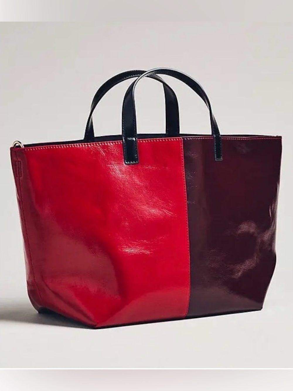 NWT Anthropologie Maeve Two-Toned Color Block Waxy Vegan Tote, Brown & Red Polly
